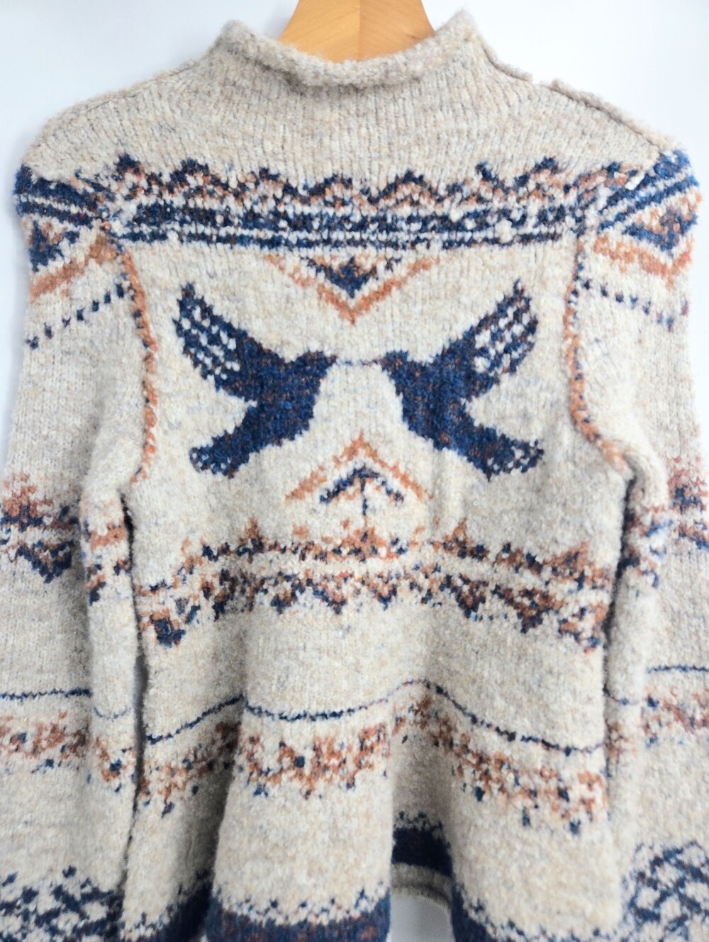 Pilcro Sweater Bird Mock Neck Beige With Navy Trim - Picture 10 of 16